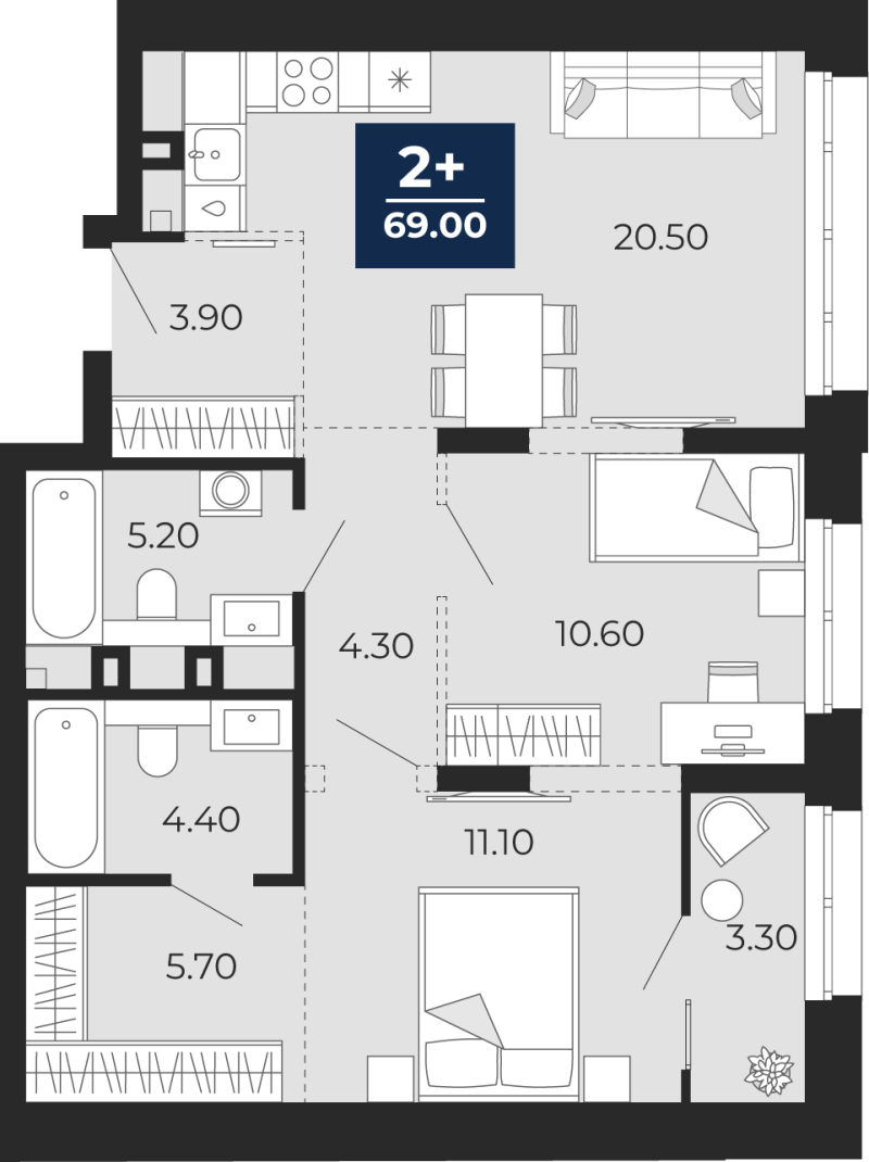 Планировка 2-комн. квартира, 69 м² — ЖК «Айвазовский»