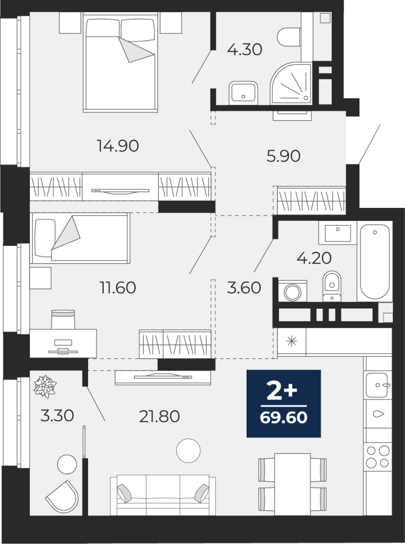 Планировка 2-комн. квартира, 69.6 м² — ЖК «Айвазовский»