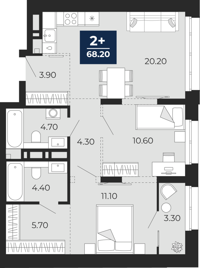 Планировка 2-комн. квартира, 68.2 м² — ЖК «Айвазовский»