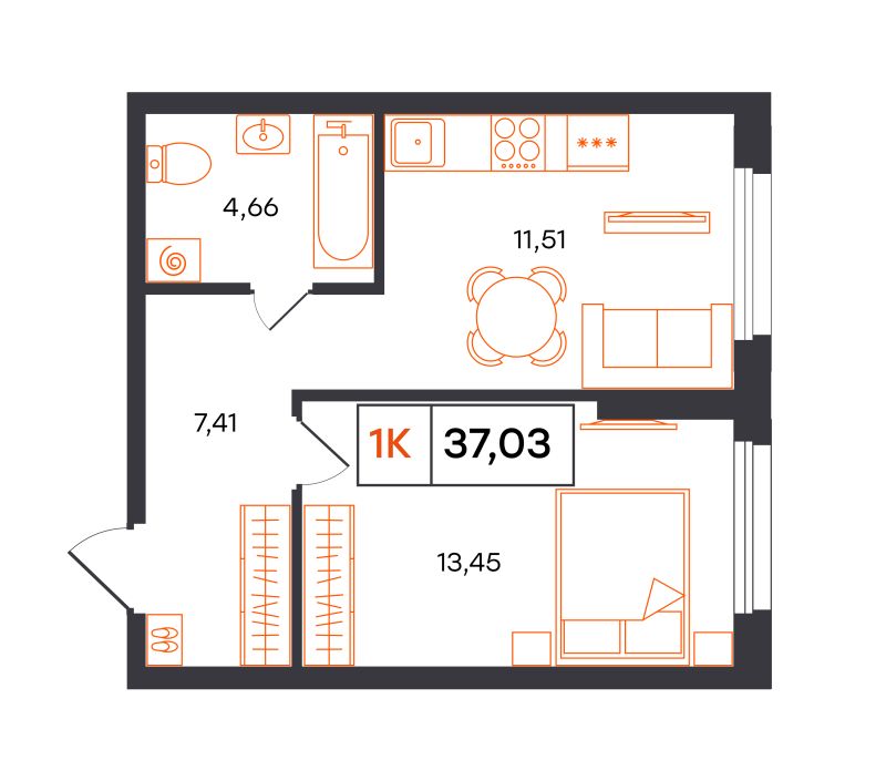 Планировка 1-комн. квартира, 37 м² — ЖК «Фатера»