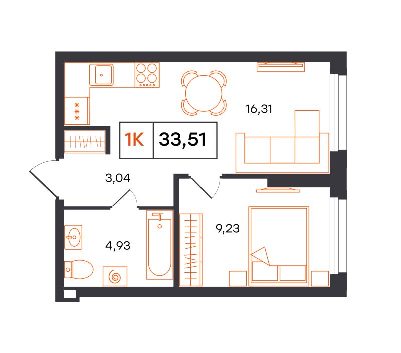 Планировка 1-комн. квартира, 33.5 м² — ЖК «Фатера»