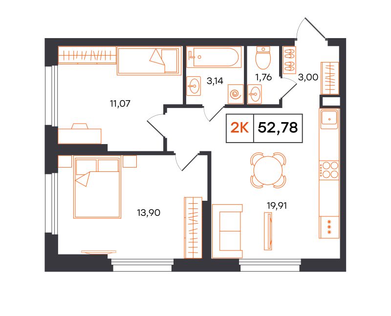 Планировка 2-комн. квартира, 52.8 м² — ЖК «Фатера»