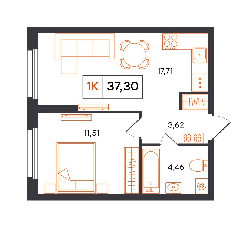 Планировка 1-комн. квартира, 37.3 м² — ЖК «Фатера»