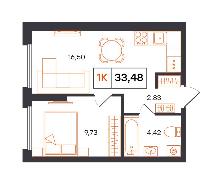 Планировка 1-комн. квартира, 33.5 м² — ЖК «Фатера»