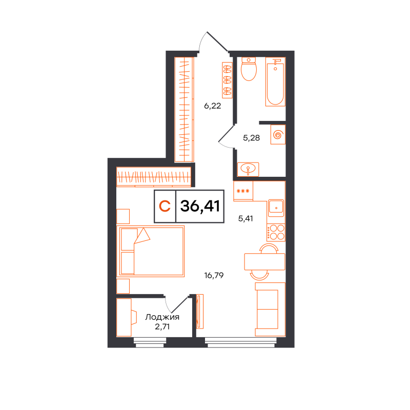 Планировка Студия, 36.4 м² — ЖК «Отличие»