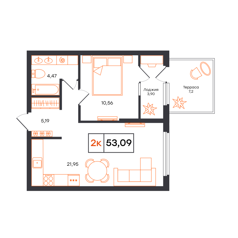 Планировка 1-комн. квартира, 53.1 м² — ЖК «Отличие»
