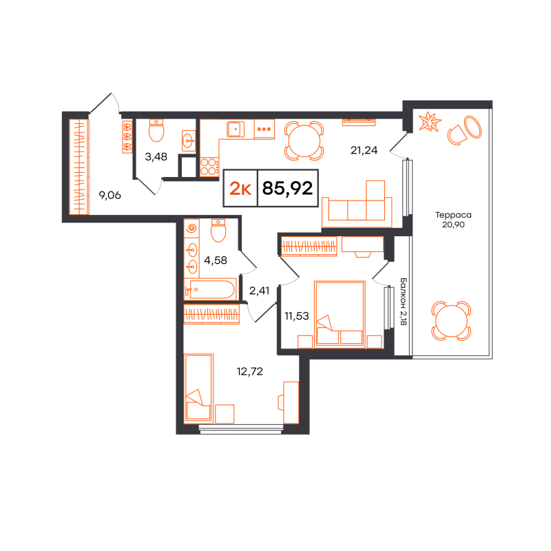Планировка 2-комн. квартира, 85.9 м² — ЖК «Отличие»