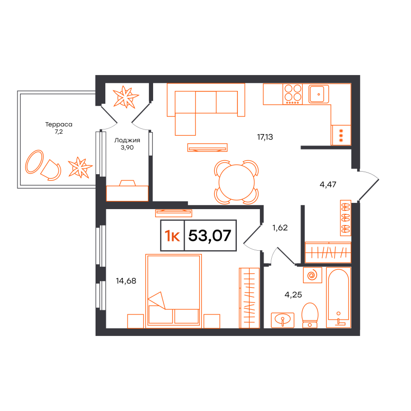 Планировка 1-комн. квартира, 53.1 м² — ЖК «Отличие»
