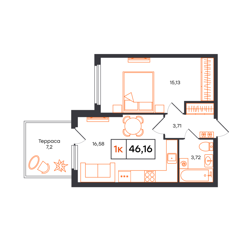 Планировка 1-комн. квартира, 46.2 м² — ЖК «Отличие»