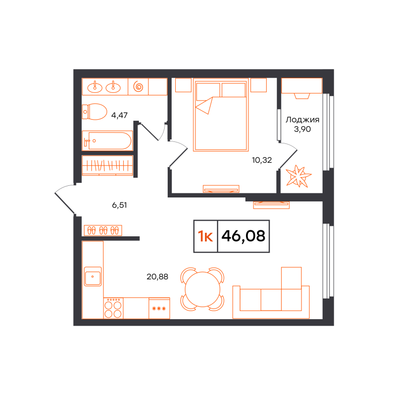 Планировка 1-комн. квартира, 46.1 м² — ЖК «Отличие»