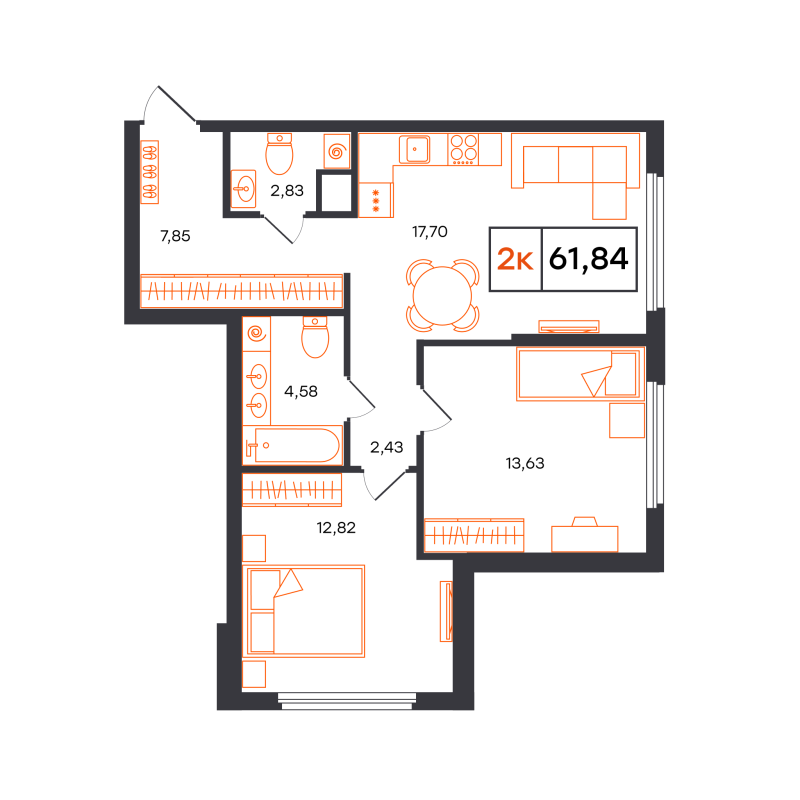 Планировка 2-комн. квартира, 61.8 м² — ЖК «Отличие»