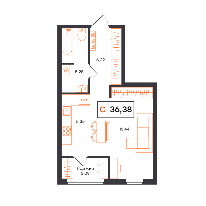 Планировка Студия, 36.4 м² — ЖК «Отличие»