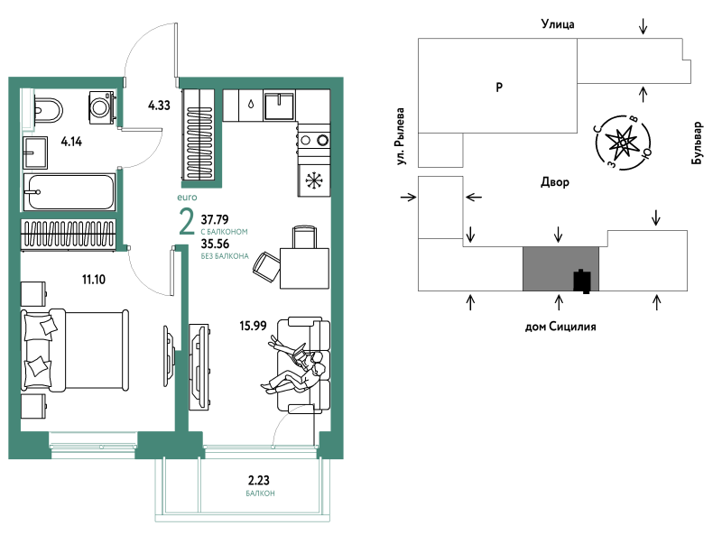 Планировка 2-комн. квартира, 37.8 м² — ЖК «Остров-сад»