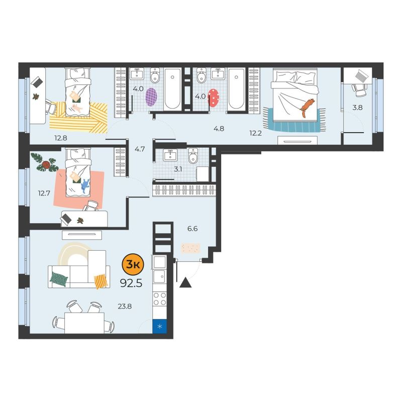 Планировка 3-комн. квартира, 92.5 м² — ЖК «Корней»