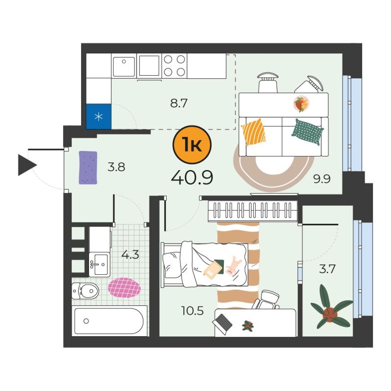 Планировка 1-комн. квартира, 40.9 м² — ЖК «Корней»