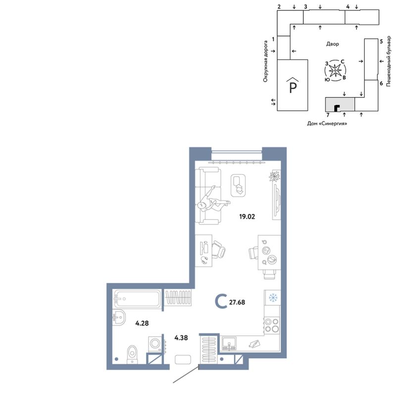 Планировка Студия, 27.7 м² — ЖК «Юнион»