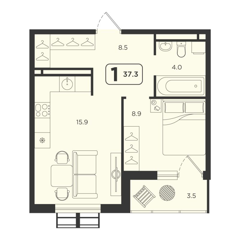 Планировка 1-комн. квартира, 37.3 м² — ЖК «Симфония»