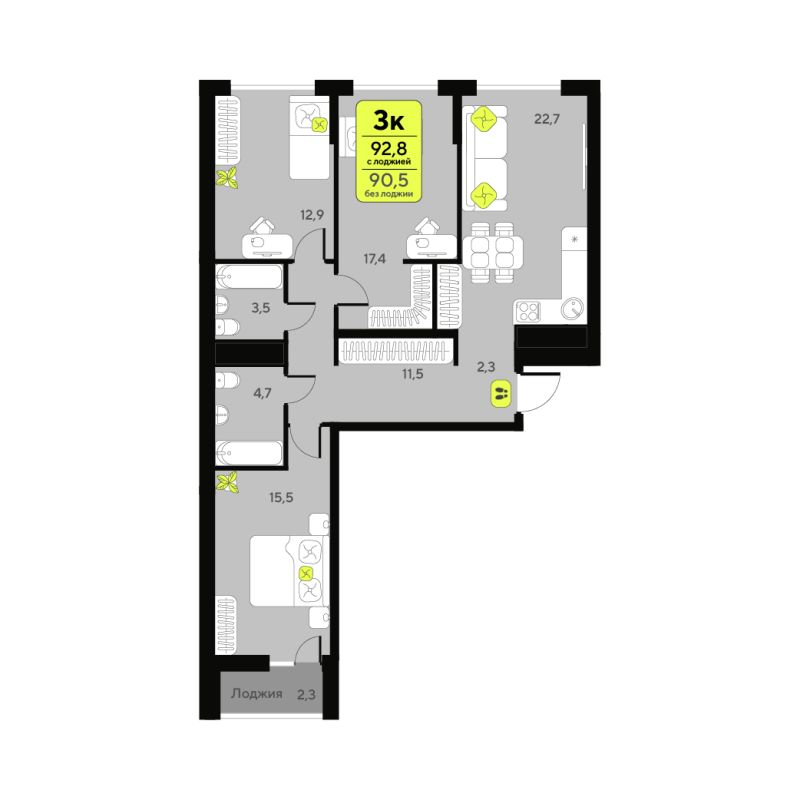 Планировка 3-комн. квартира, 90.5 м² — ЖК «Дивный квартал у озера»
