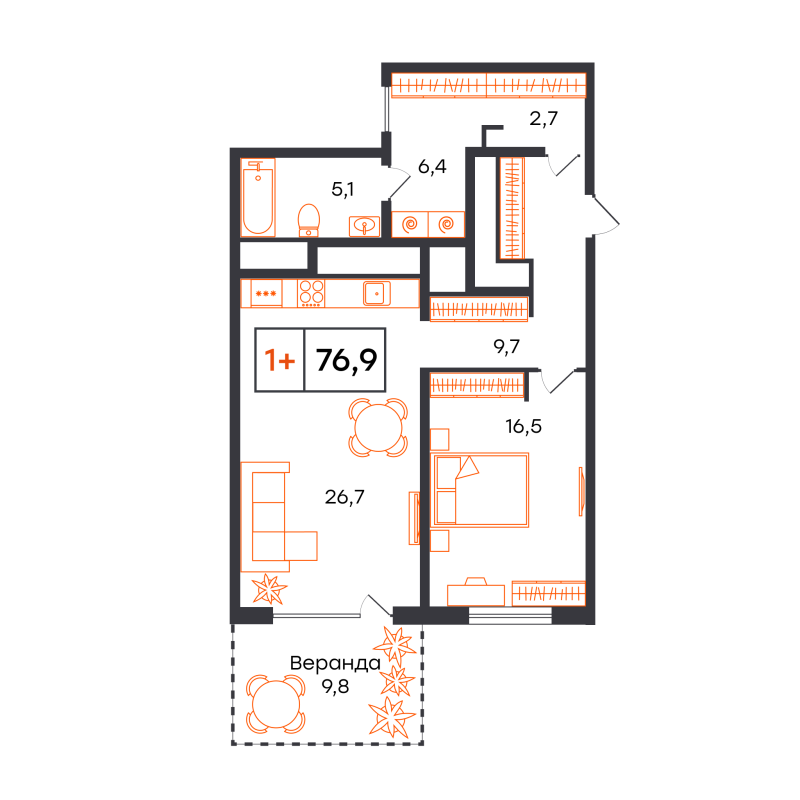 Планировка 1-комн. квартира, 76.9 м² — ЖК «Чемпионский»