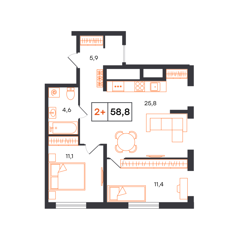 Планировка 2-комн. квартира, 58.8 м² — ЖК «Чемпионский»
