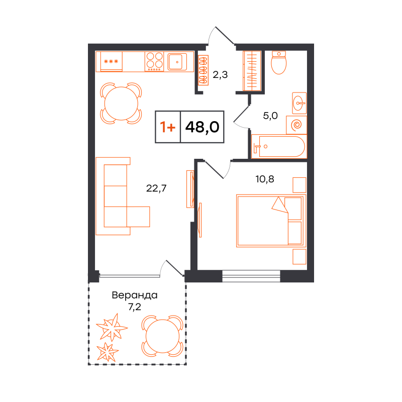 Планировка 1-комн. квартира, 48 м² — ЖК «Чемпионский»