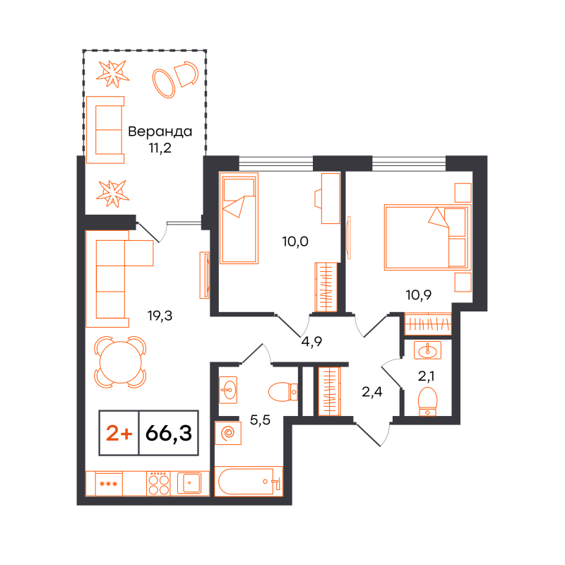 Планировка 2-комн. квартира, 66.3 м² — ЖК «Чемпионский»