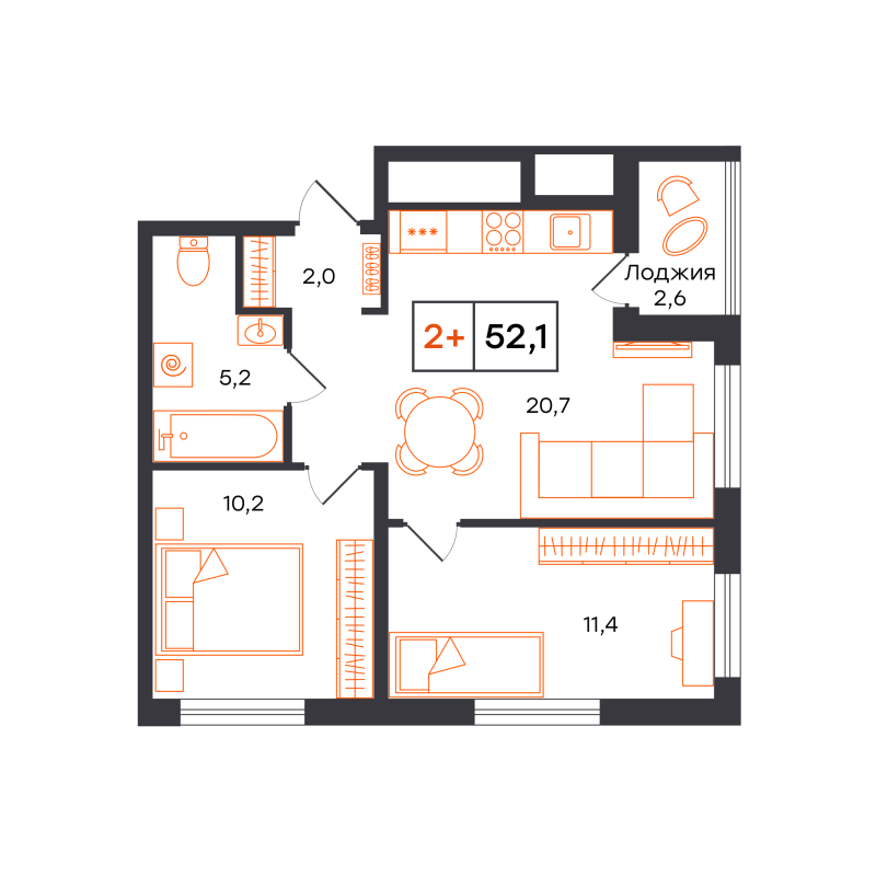 Планировка 2-комн. квартира, 52.1 м² — ЖК «Чемпионский»