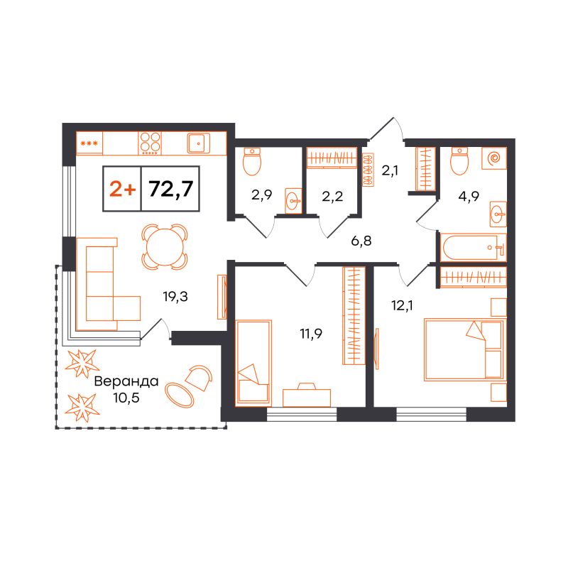Планировка 2-комн. квартира, 72.7 м² — ЖК «Чемпионский»