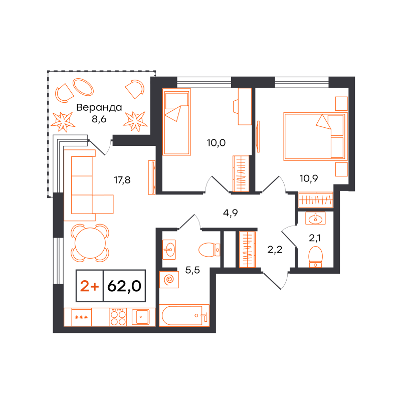 Планировка 2-комн. квартира, 62 м² — ЖК «Чемпионский»