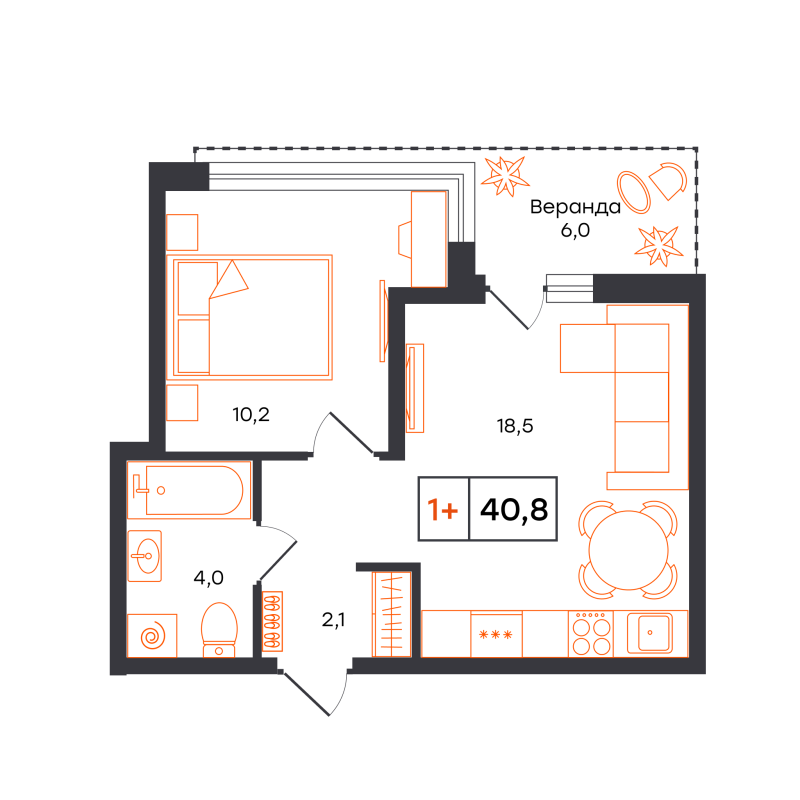 Планировка 1-комн. квартира, 40.8 м² — ЖК «Чемпионский»