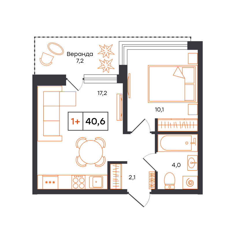 Планировка 1-комн. квартира, 40.6 м² — ЖК «Чемпионский»