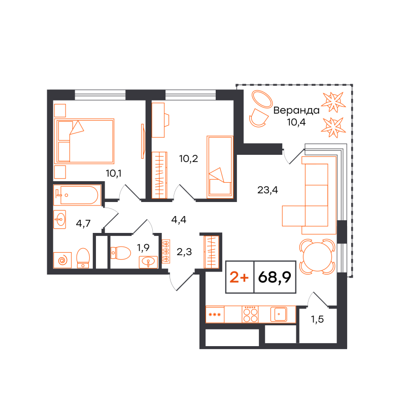 Планировка 2-комн. квартира, 68.9 м² — ЖК «Чемпионский»