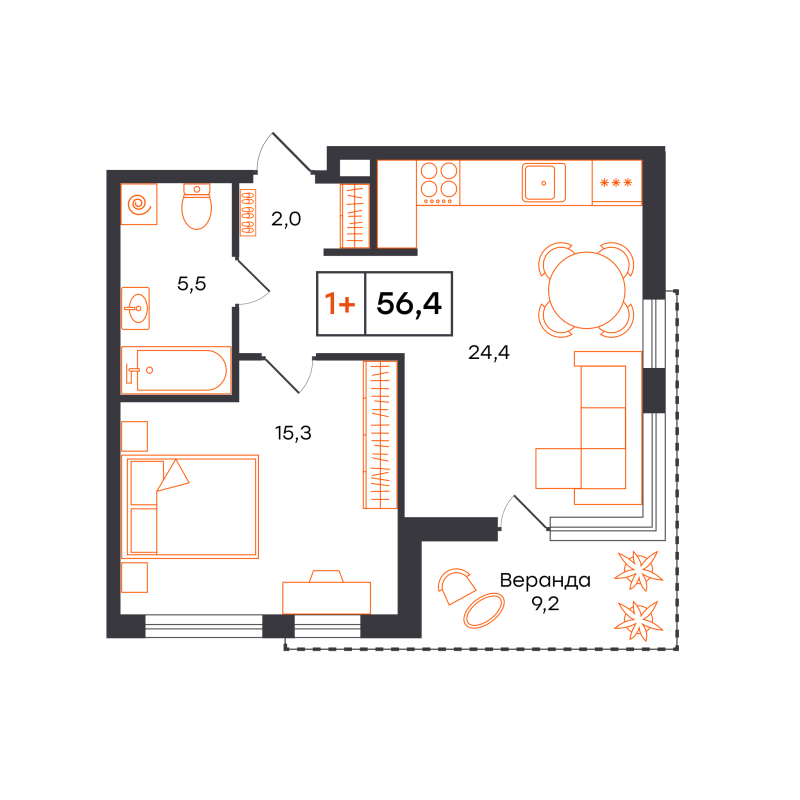 Планировка 1-комн. квартира, 56.4 м² — ЖК «Чемпионский»