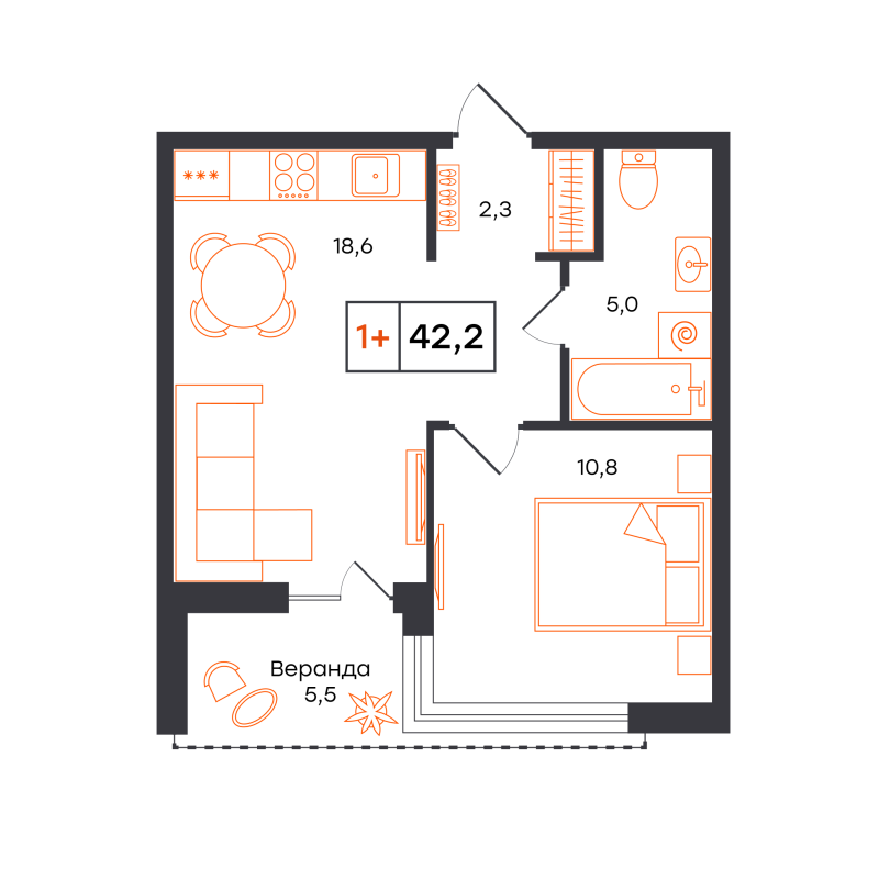Планировка 1-комн. квартира, 42.2 м² — ЖК «Чемпионский»