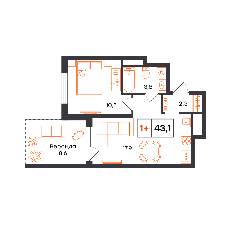 Планировка 1-комн. квартира, 43.1 м² — ЖК «Чемпионский»
