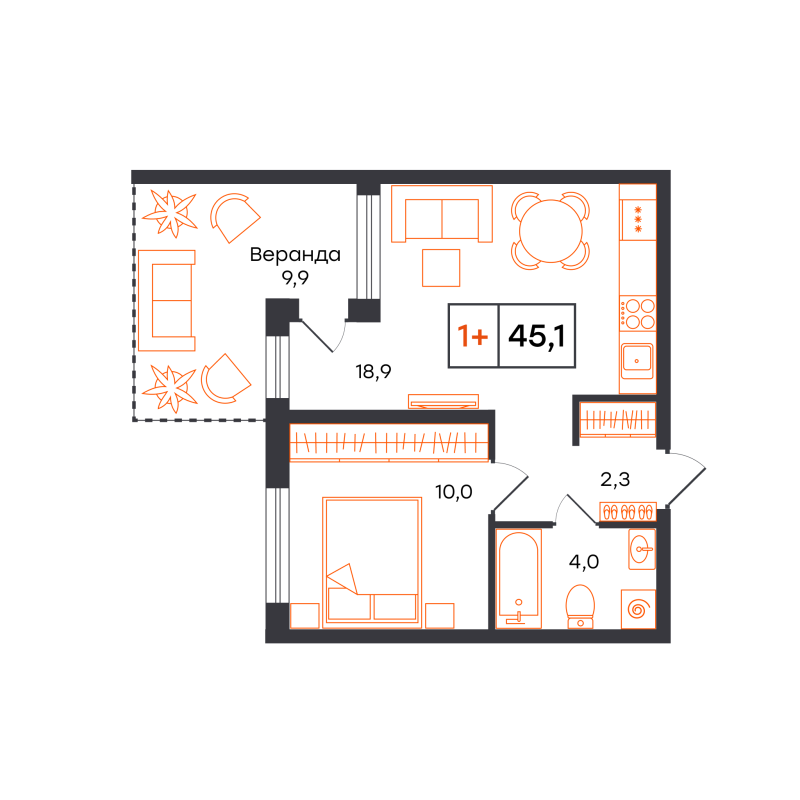 Планировка 1-комн. квартира, 45.1 м² — ЖК «Чемпионский»
