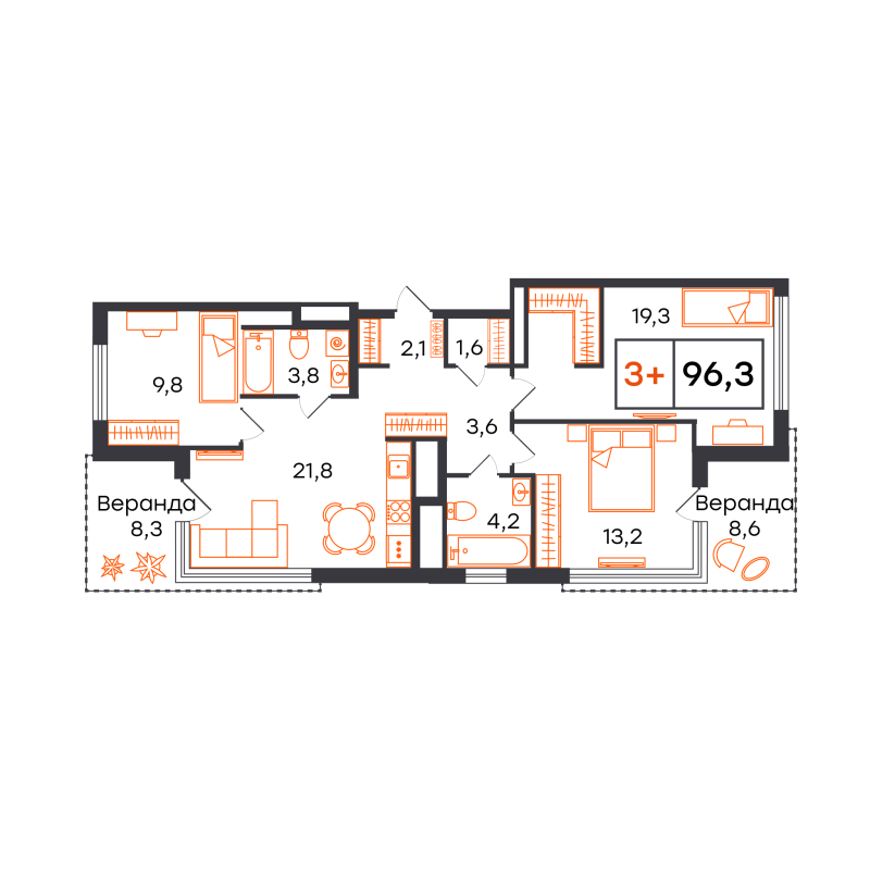 Планировка 3-комн. квартира, 96 м² — ЖК «Чемпионский»