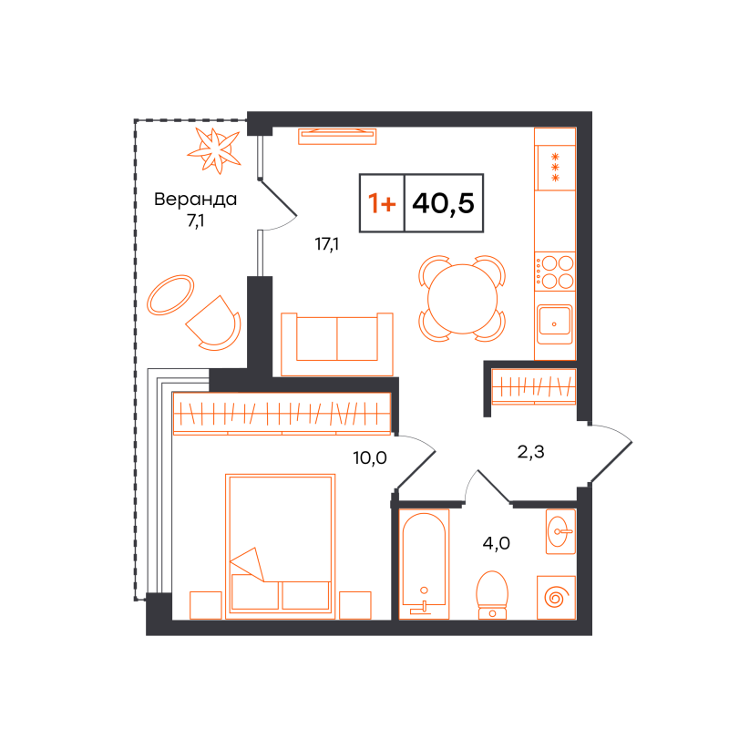Планировка 1-комн. квартира, 40.5 м² — ЖК «Чемпионский»