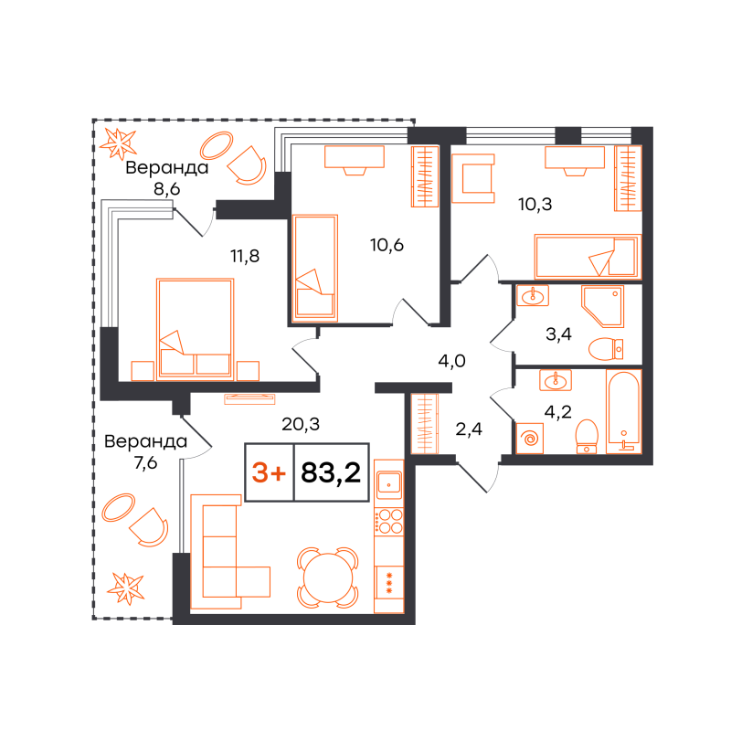 Планировка 3-комн. квартира, 83.2 м² — ЖК «Чемпионский»