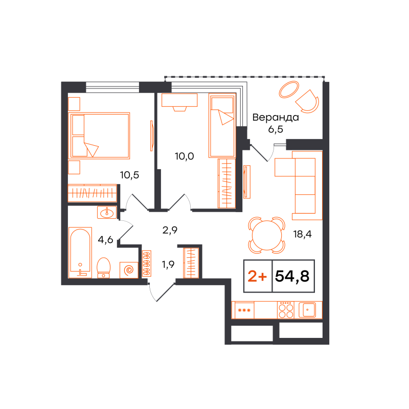 Планировка 2-комн. квартира, 54.8 м² — ЖК «Чемпионский»