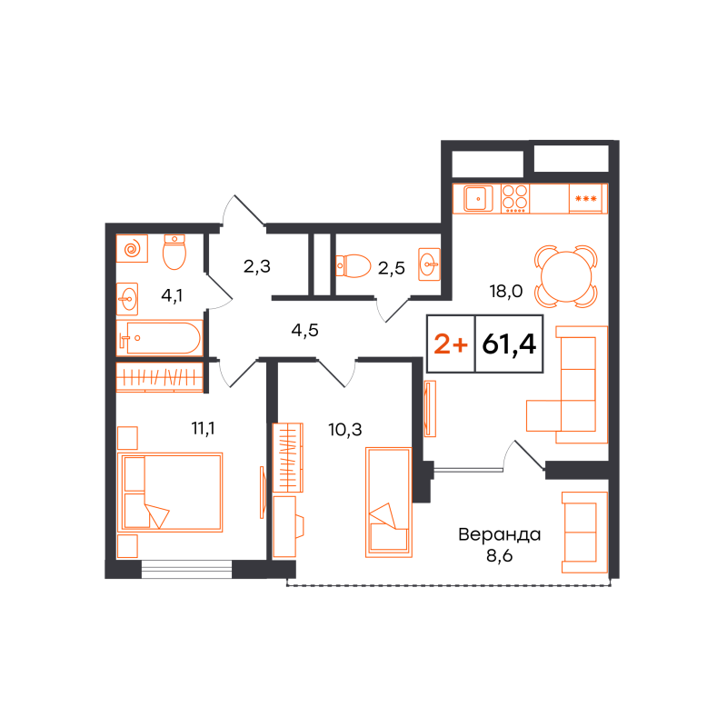 Планировка 2-комн. квартира, 61.4 м² — ЖК «Чемпионский»
