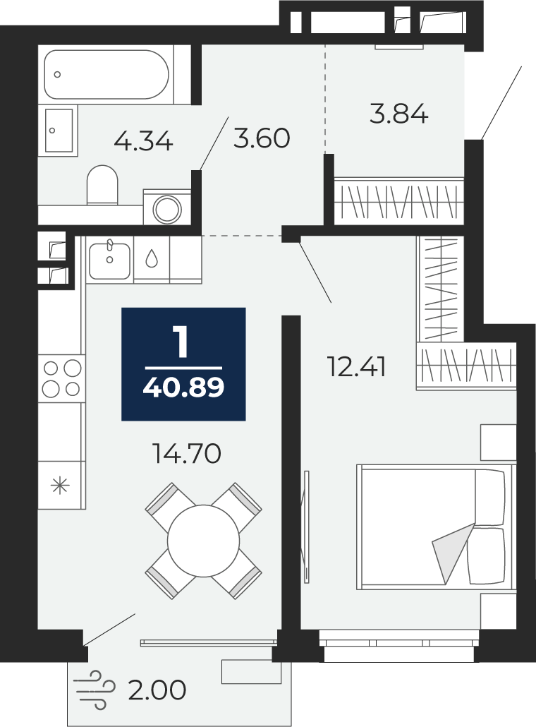 Планировка 1-комн. квартира, 40.9 м² — ЖК «Беринг»