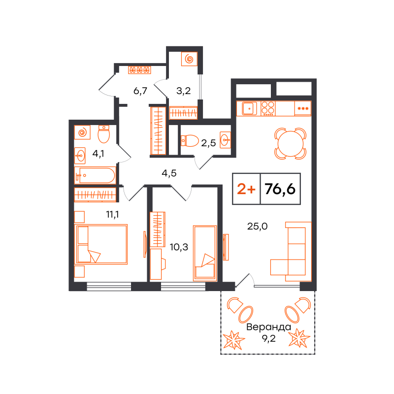 Планировка 2-комн. квартира, 76.6 м² — ЖК «Чемпионский»