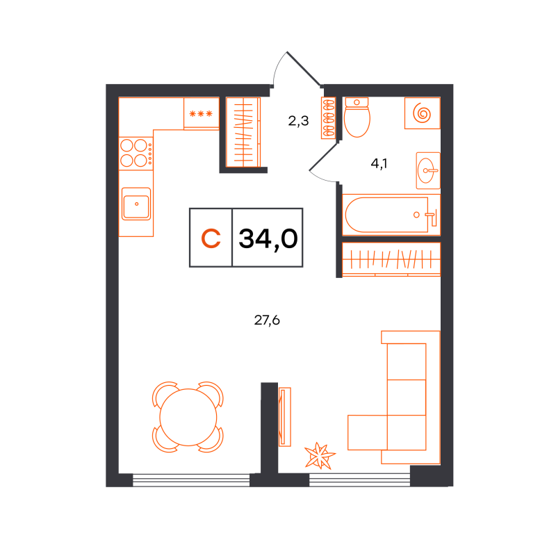 Планировка Студия, 34 м² — ЖК «Чемпионский»