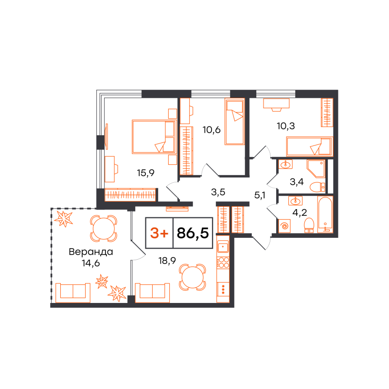 Планировка 3-комн. квартира, 86.5 м² — ЖК «Чемпионский»