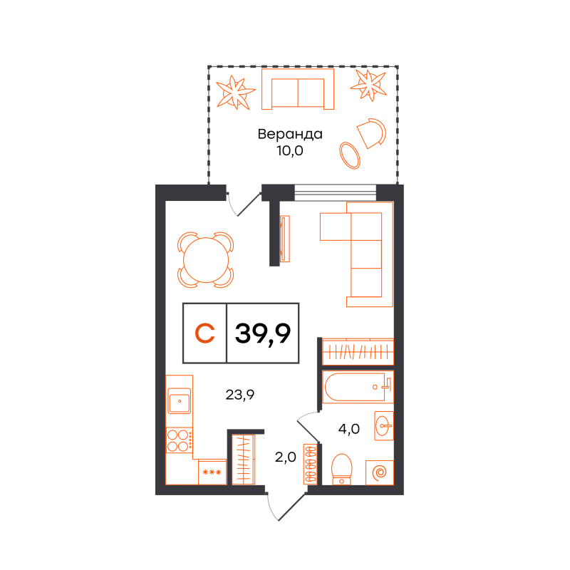 Планировка Студия, 39.9 м² — ЖК «Чемпионский»