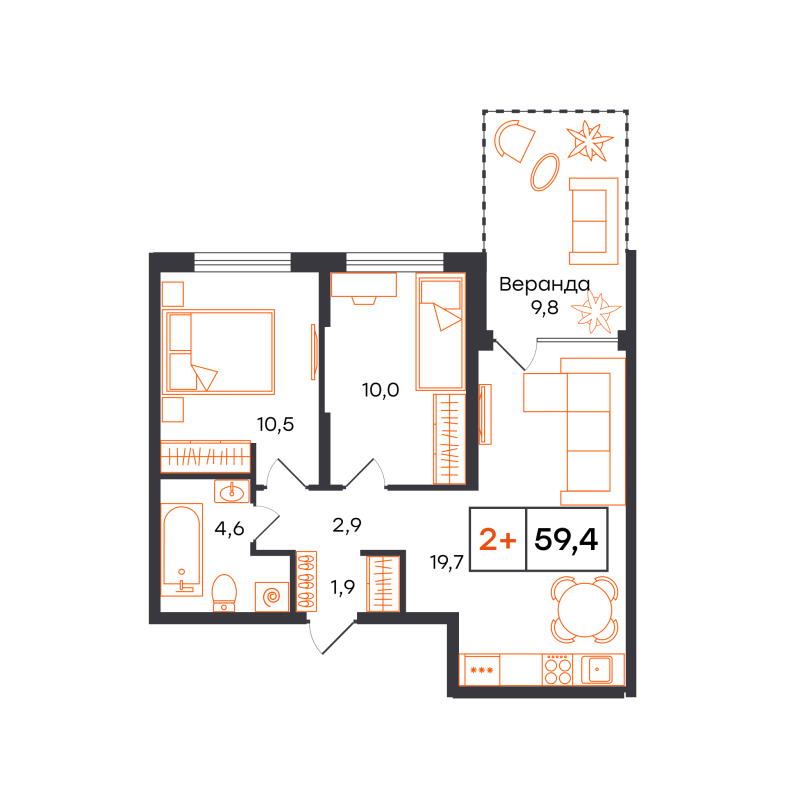 Планировка 2-комн. квартира, 59.4 м² — ЖК «Чемпионский»