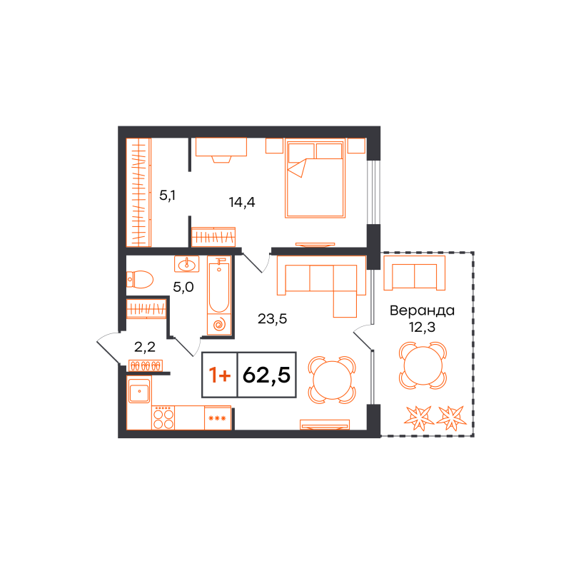 Планировка 1-комн. квартира, 62.5 м² — ЖК «Чемпионский»