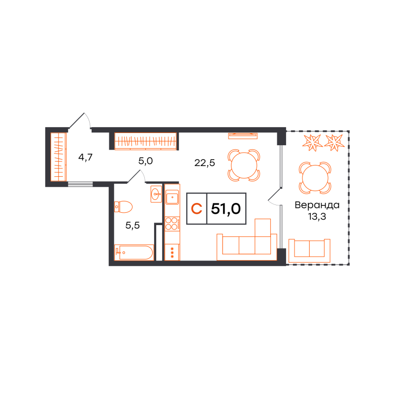 Планировка Студия, 51 м² — ЖК «Чемпионский»