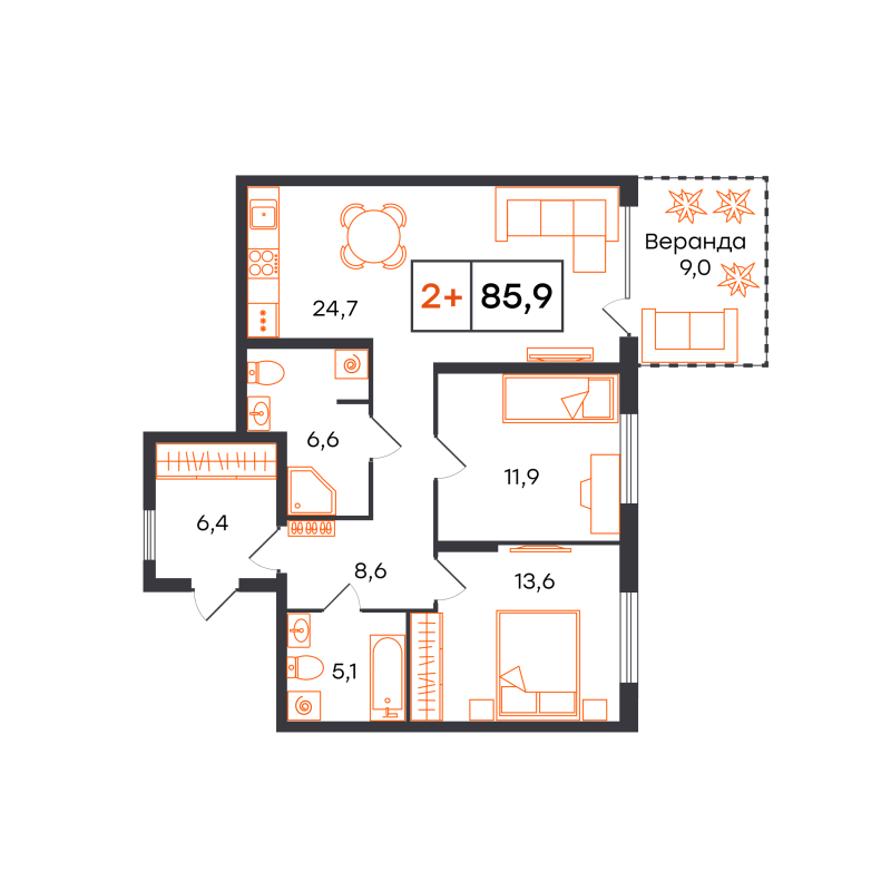 Планировка 2-комн. квартира, 85.9 м² — ЖК «Чемпионский»